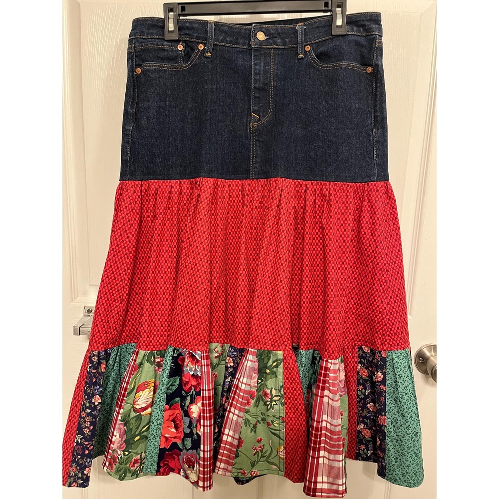 Repurposed Denim Skirt, Rose & Navy Calico Patchwork, Size 14